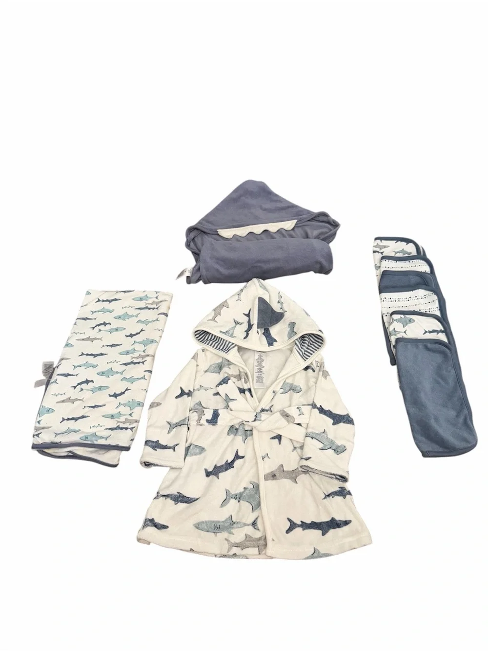 Kids Shark Hooded Bath Robe with Matching Washcloths - White & Blue